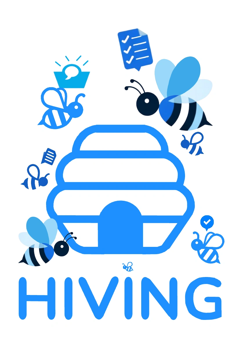 Hiving Logo - Blue bees around hive